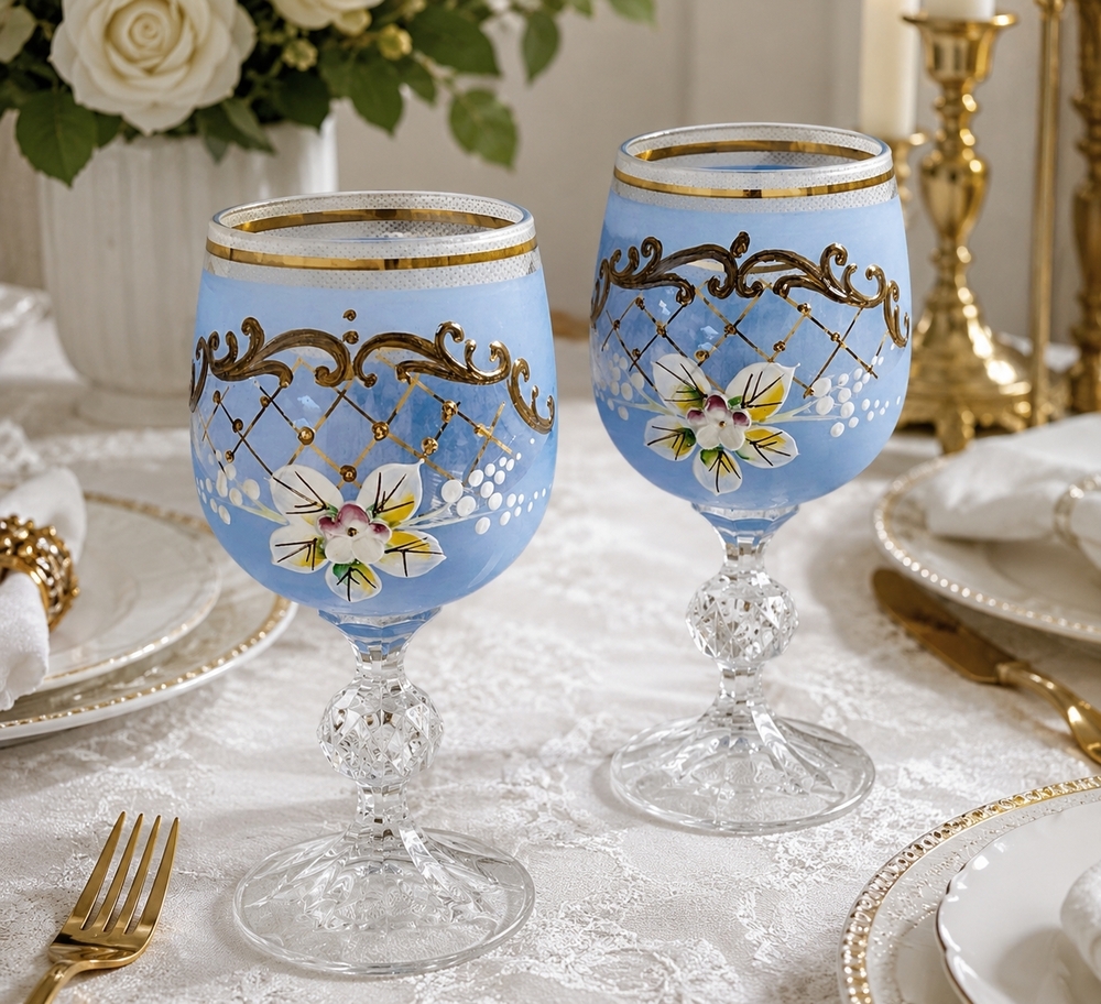 Vintage Bohemian Crystal Enameled Light Blue Wine Goblets Hand-Painted Floral VG